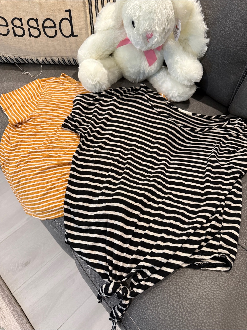 Striped Tie-Front Tee Duo - Black & White + Mustard Stripes